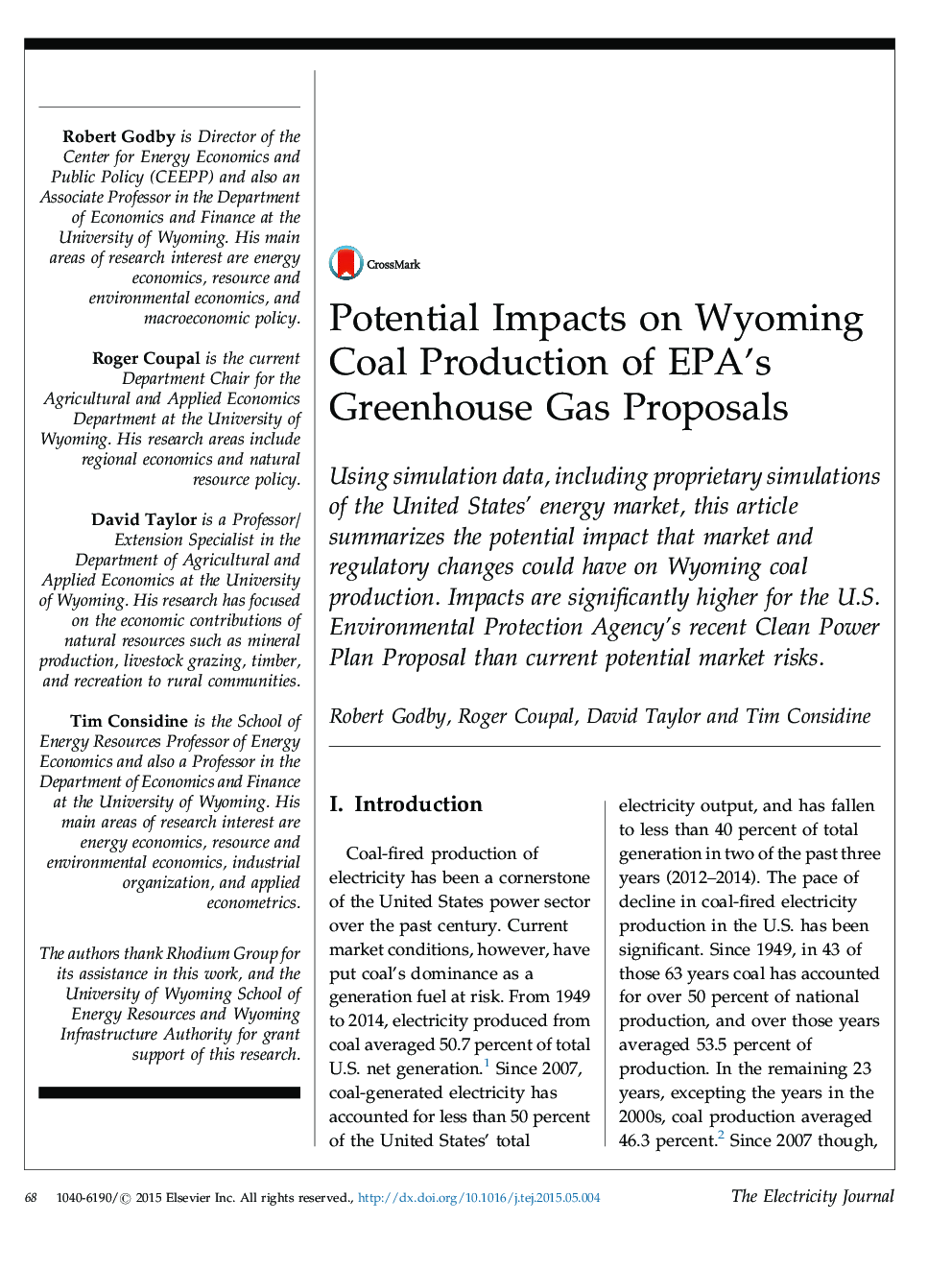 Potential Impacts on Wyoming Coal Production of EPA's Greenhouse Gas Proposals