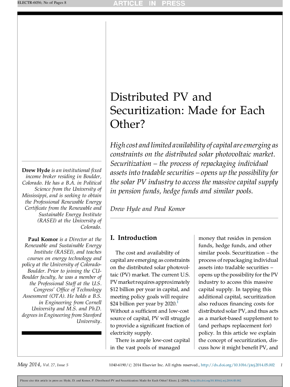 عکس صفحه اول مقاله: Distributed PV and Securitization: Made for Each Other? Distributed PV and Securitization: Made for Each Other?
