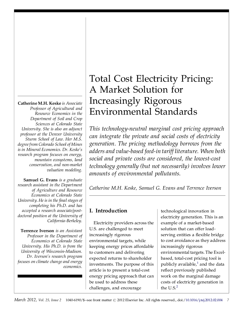 Total Cost Electricity Pricing: A Market Solution for Increasingly Rigorous Environmental Standards