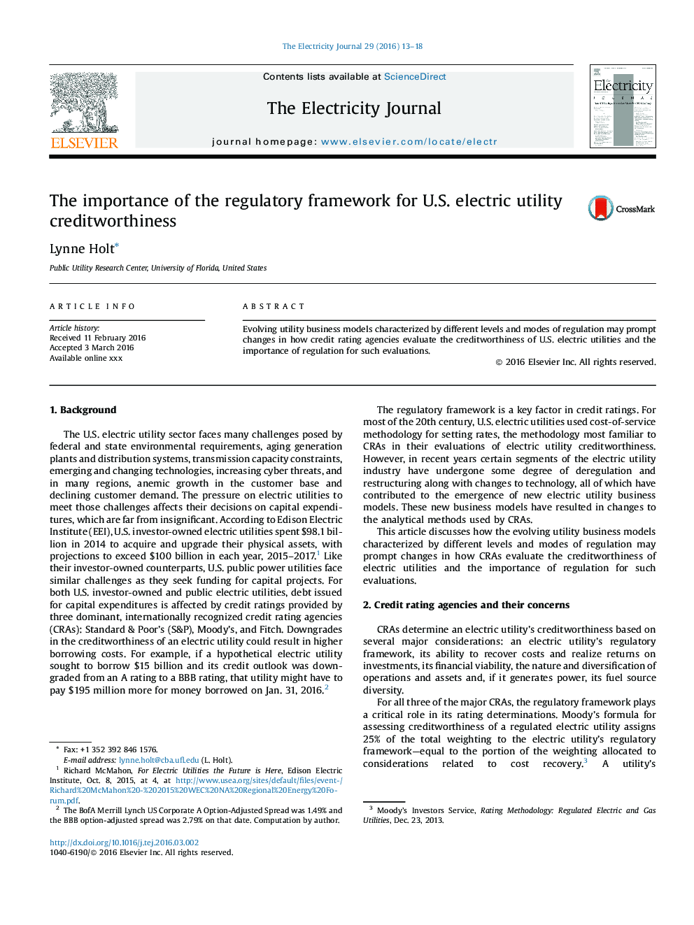 The importance of the regulatory framework for U.S. electric utility creditworthiness