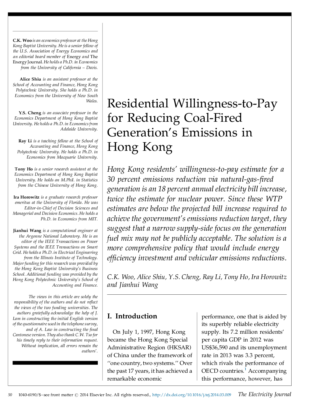 Residential Willingness-to-Pay for Reducing Coal-Fired Generation's Emissions in Hong Kong
