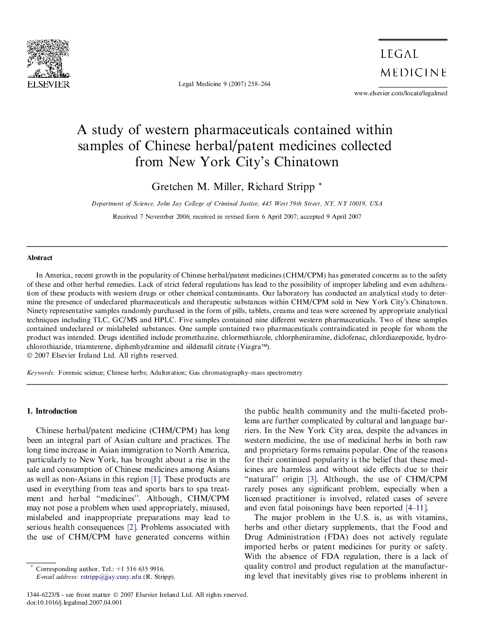 A study of western pharmaceuticals contained within samples of Chinese herbal/patent medicines collected from New York City’s Chinatown