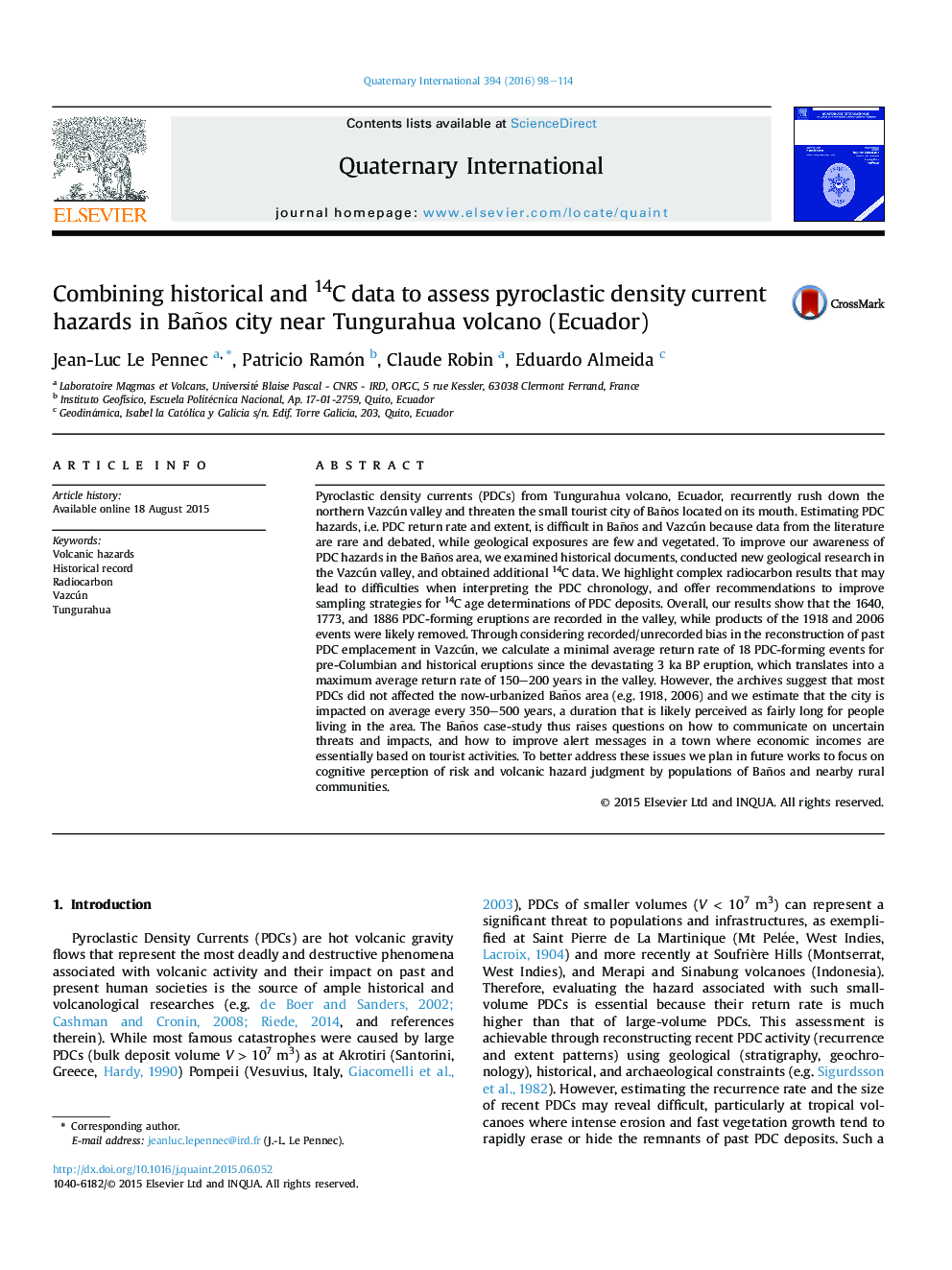 Combining historical and 14C data to assess pyroclastic density current hazards in Baños city near Tungurahua volcano (Ecuador)