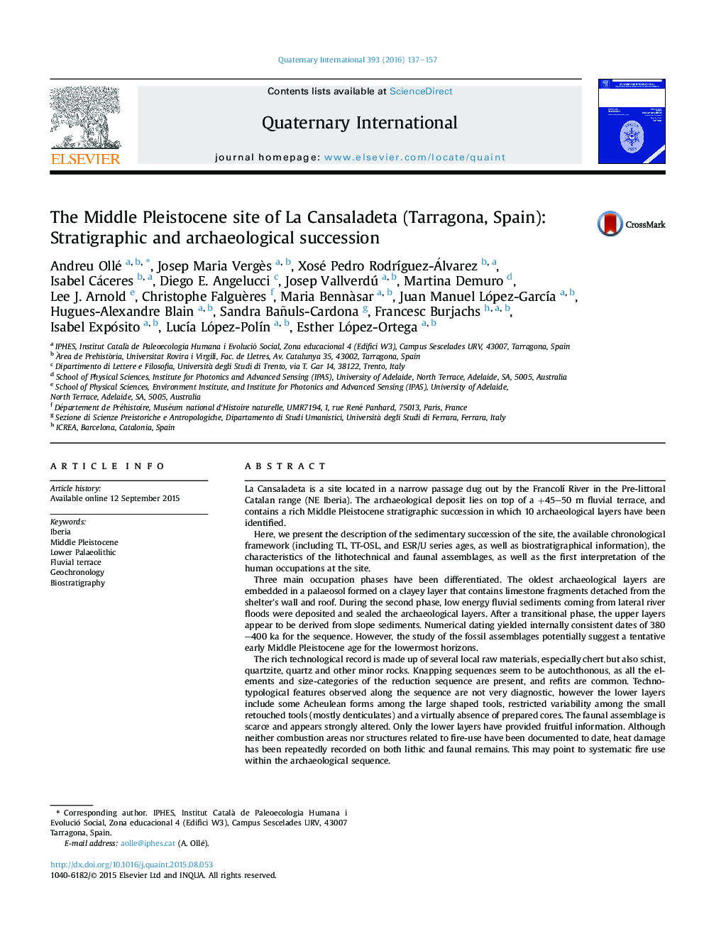 The Middle Pleistocene site of La Cansaladeta (Tarragona, Spain): Stratigraphic and archaeological succession