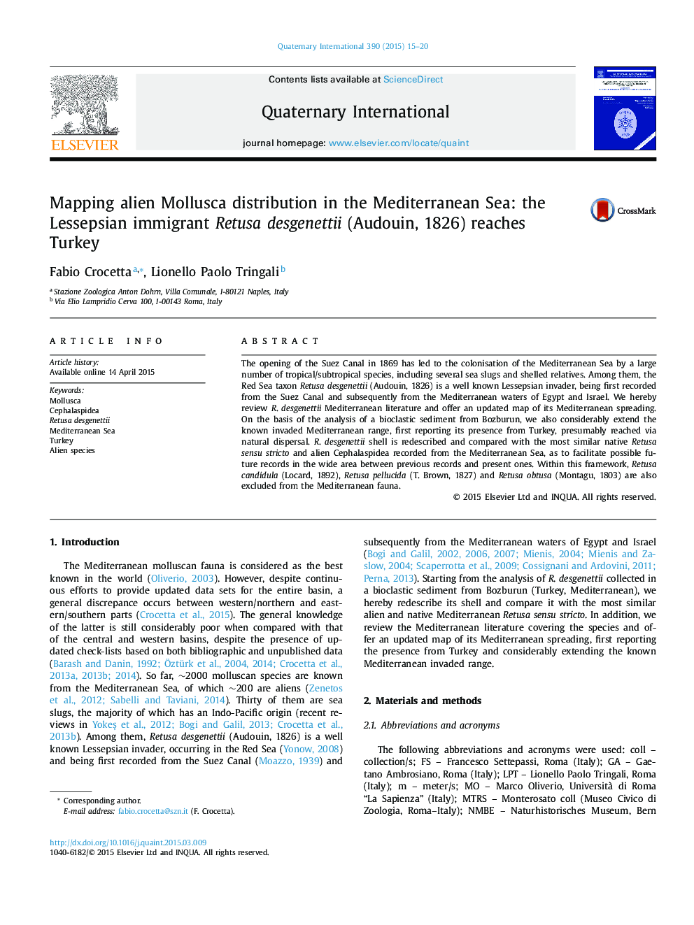 Mapping alien Mollusca distribution in the Mediterranean Sea: the Lessepsian immigrant Retusa desgenettii (Audouin, 1826) reaches Turkey