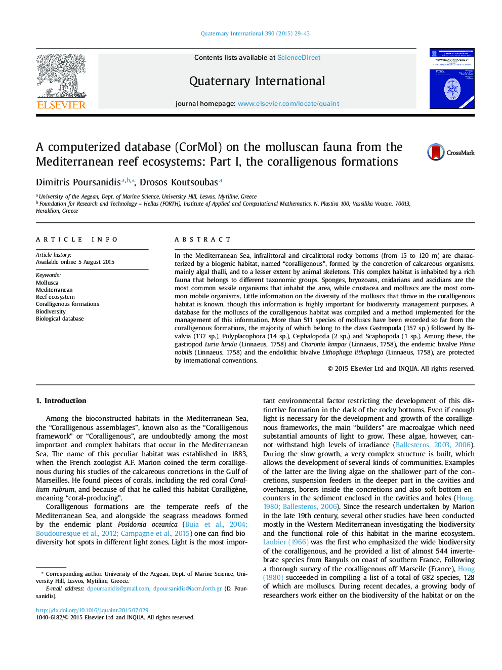 A computerized database (CorMol) on the molluscan fauna from the Mediterranean reef ecosystems: Part I, the coralligenous formations