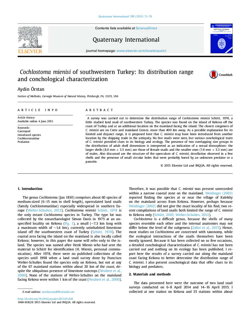 Cochlostoma mienisi of southwestern Turkey: Its distribution range and conchological characterization