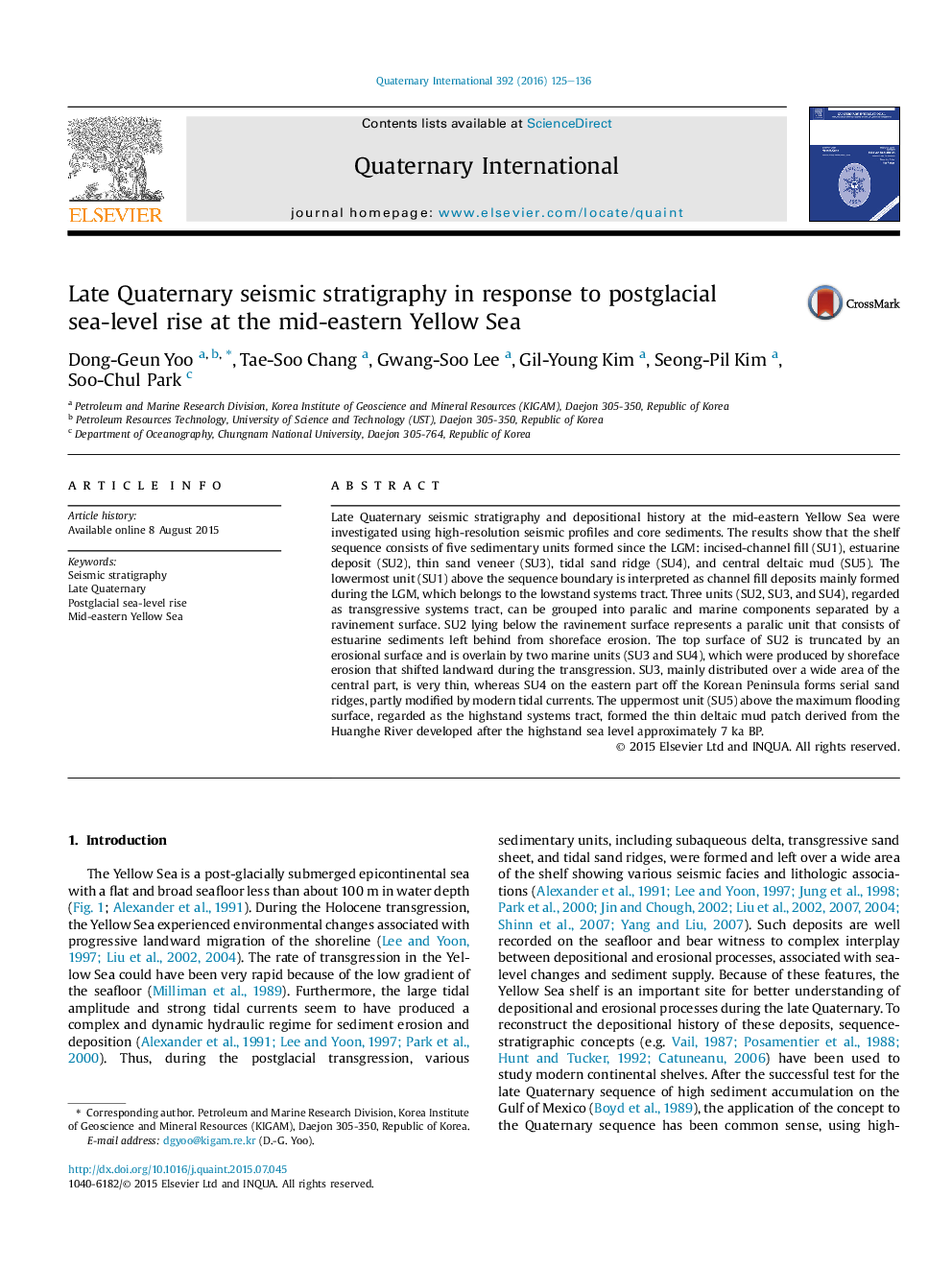 Late Quaternary seismic stratigraphy in response to postglacial sea-level rise at the mid-eastern Yellow Sea