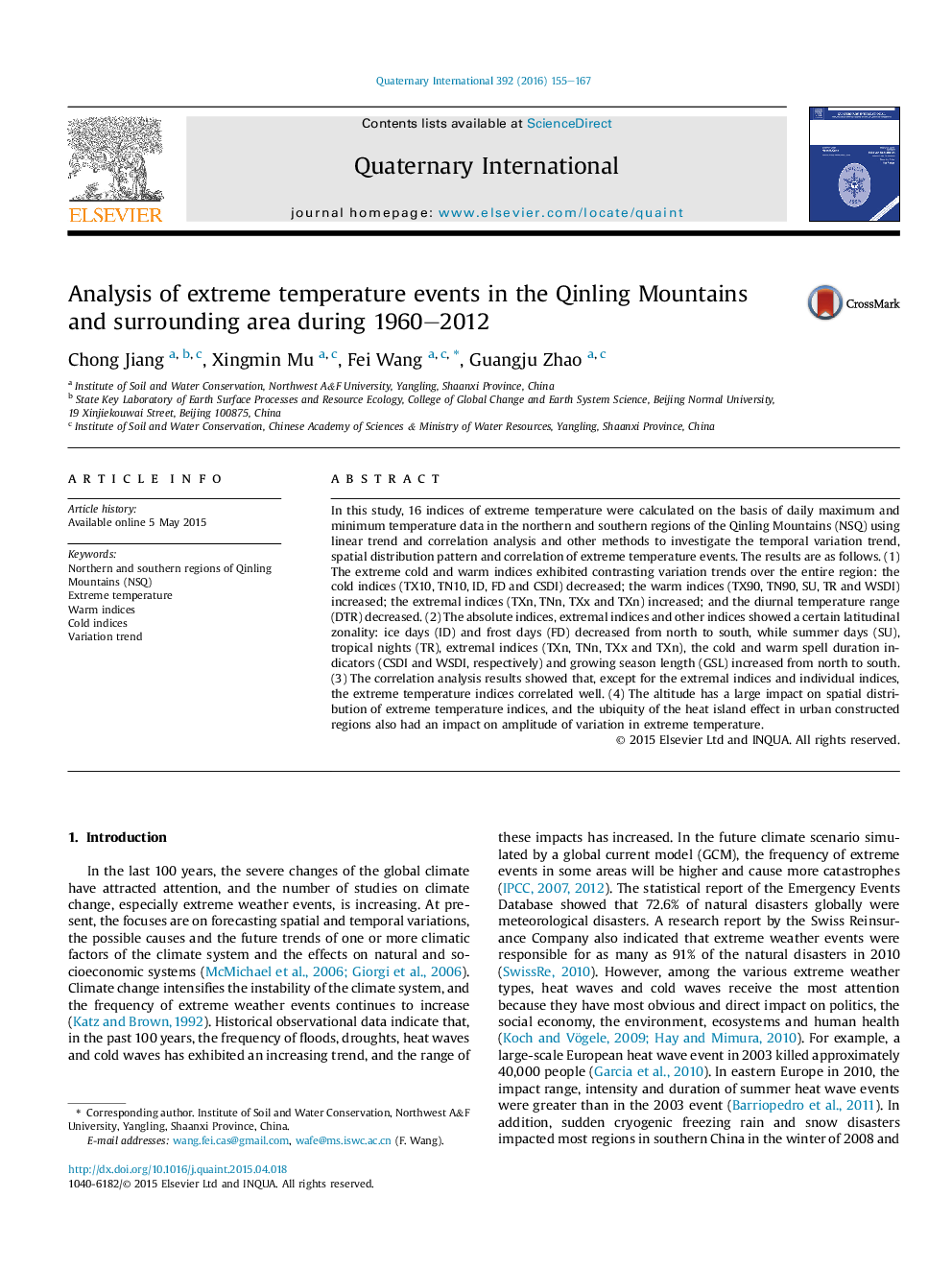 Analysis of extreme temperature events in the Qinling Mountains and surrounding area during 1960–2012