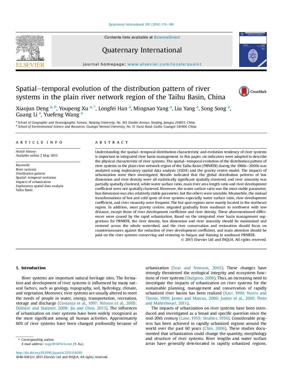 Spatial–temporal evolution of the distribution pattern of river systems in the plain river network region of the Taihu Basin, China