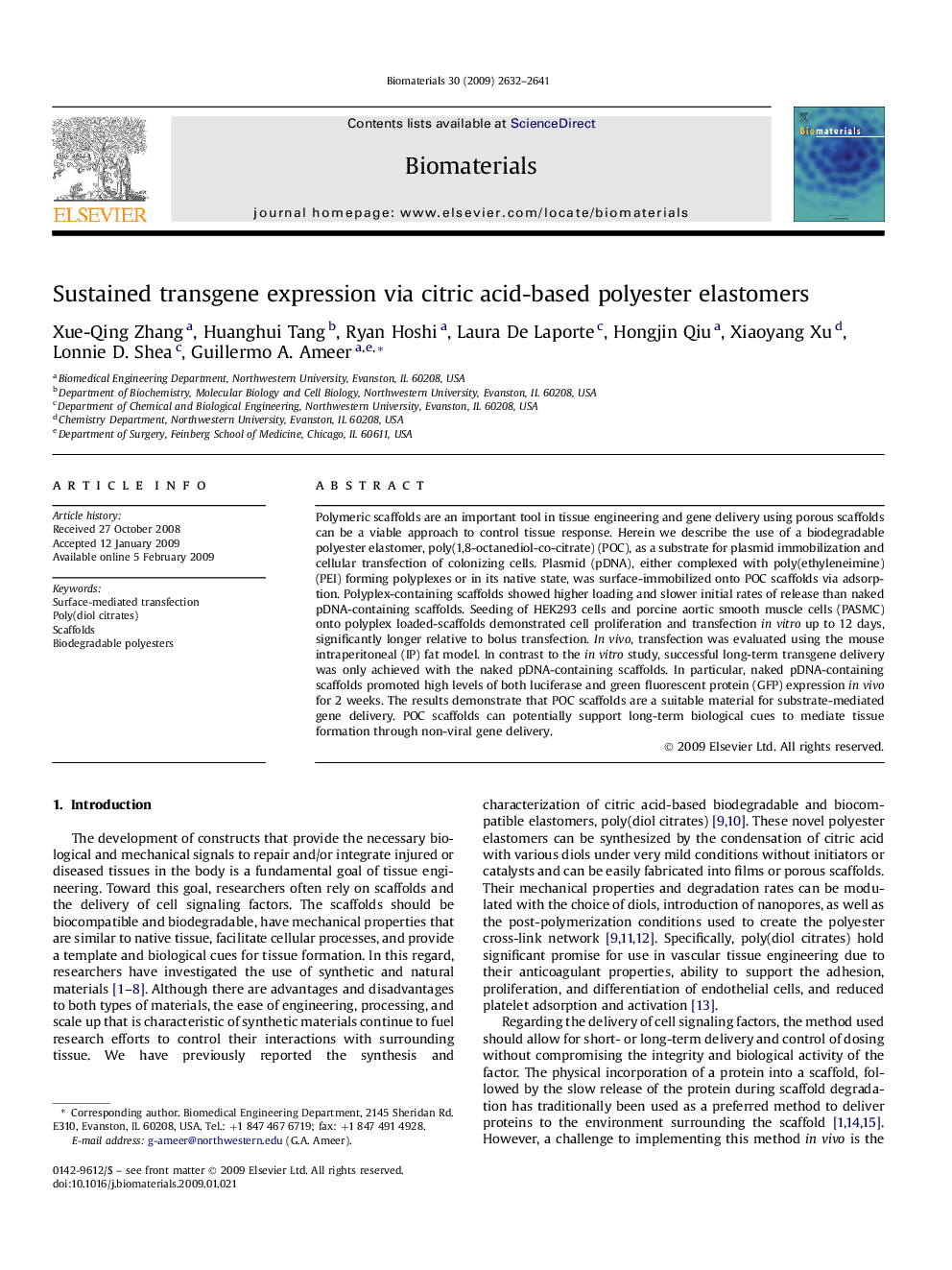 Sustained transgene expression via citric acid-based polyester elastomers