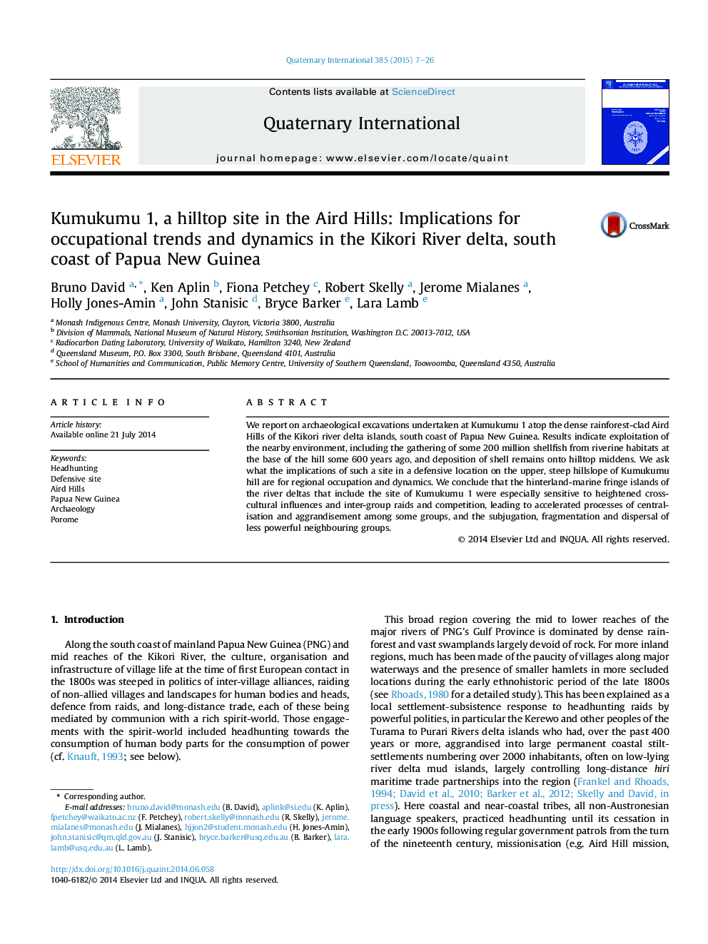 Kumukumu 1, a hilltop site in the Aird Hills: Implications for occupational trends and dynamics in the Kikori River delta, south coast of Papua New Guinea