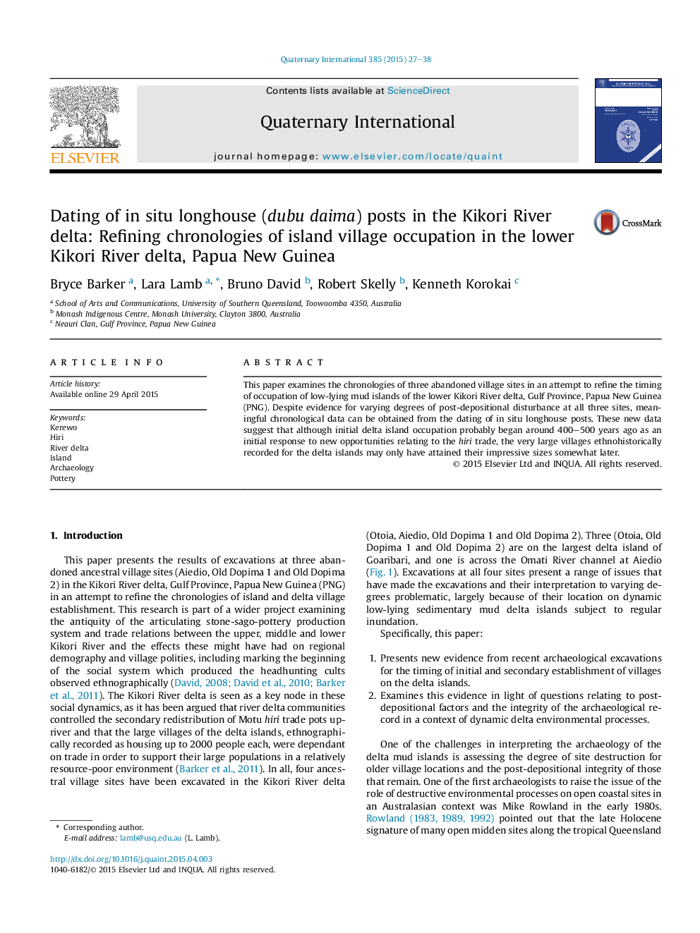 Dating of in situ longhouse (dubu daima) posts in the Kikori River delta: Refining chronologies of island village occupation in the lower Kikori River delta, Papua New Guinea