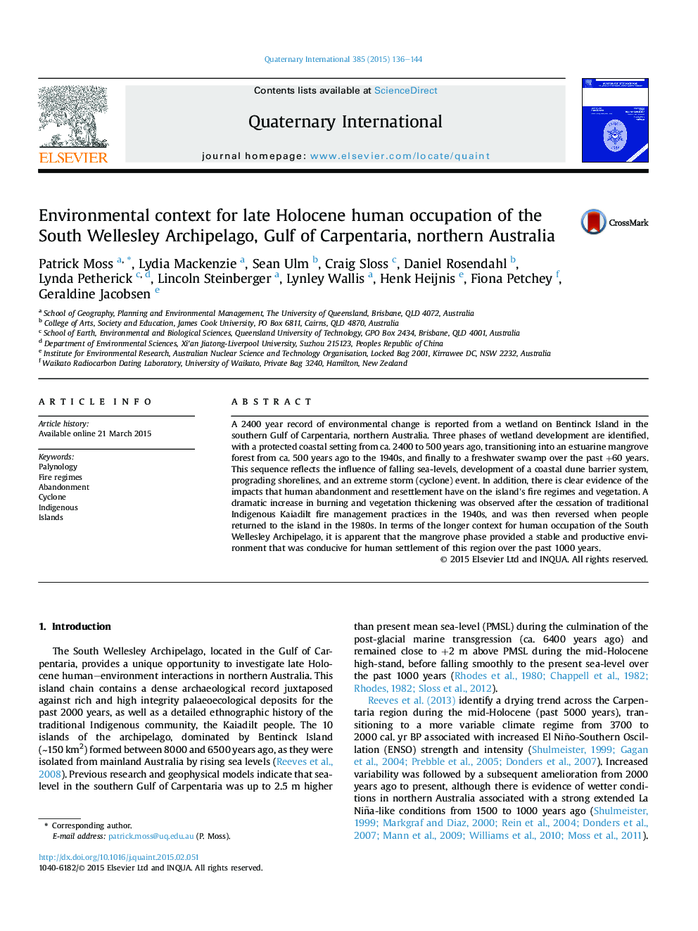 Environmental context for late Holocene human occupation of the South Wellesley Archipelago, Gulf of Carpentaria, northern Australia