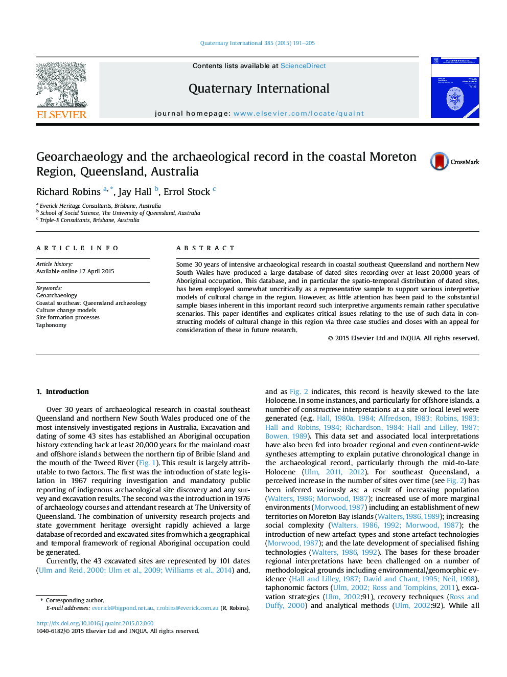 Geoarchaeology and the archaeological record in the coastal Moreton Region, Queensland, Australia