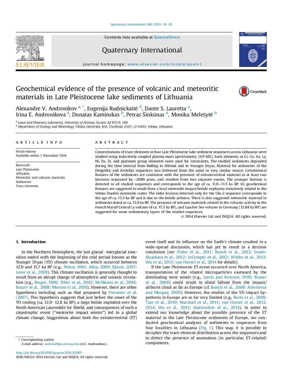 Geochemical evidence of the presence of volcanic and meteoritic materials in Late Pleistocene lake sediments of Lithuania