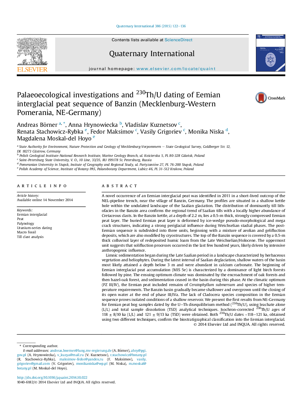 Palaeoecological investigations and 230Th/U dating of Eemian interglacial peat sequence of Banzin (Mecklenburg-Western Pomerania, NE-Germany)