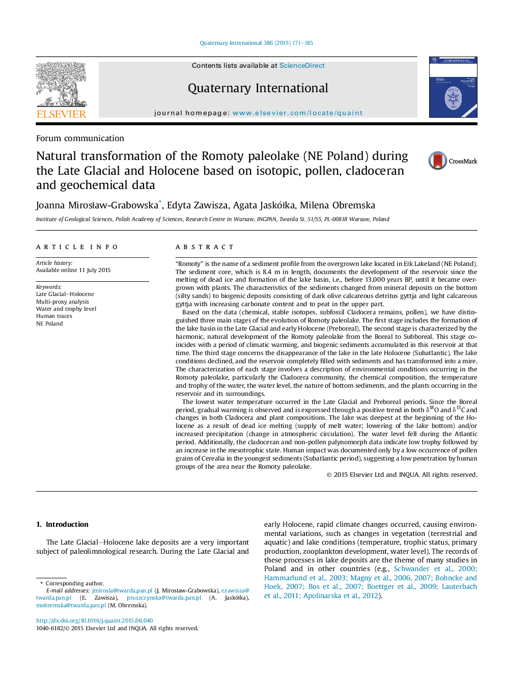 Natural transformation of the Romoty paleolake (NE Poland) during the Late Glacial and Holocene based on isotopic, pollen, cladoceran and geochemical data