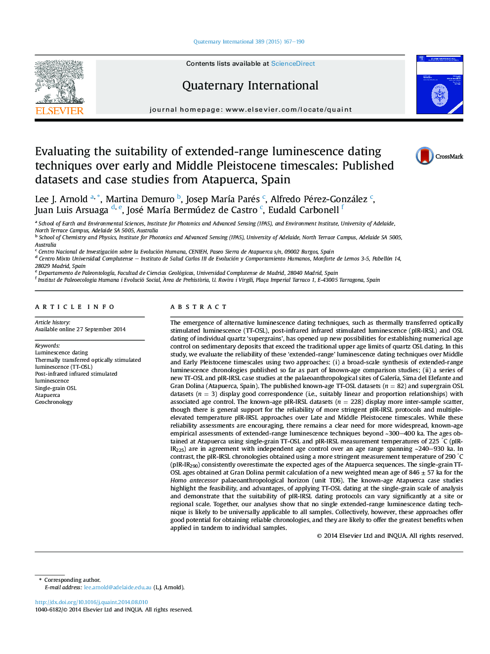 عکس صفحه اول مقاله: Evaluating the suitability of extended-range luminescence dating techniques over early and Middle Pleistocene timescales: Published datasets and case studies from Atapuerca, Spain Evaluating the suitability of extended-range luminescence dating techniques over early and Middle Pleistocene timescales: Published datasets and case studies from Atapuerca, Spain