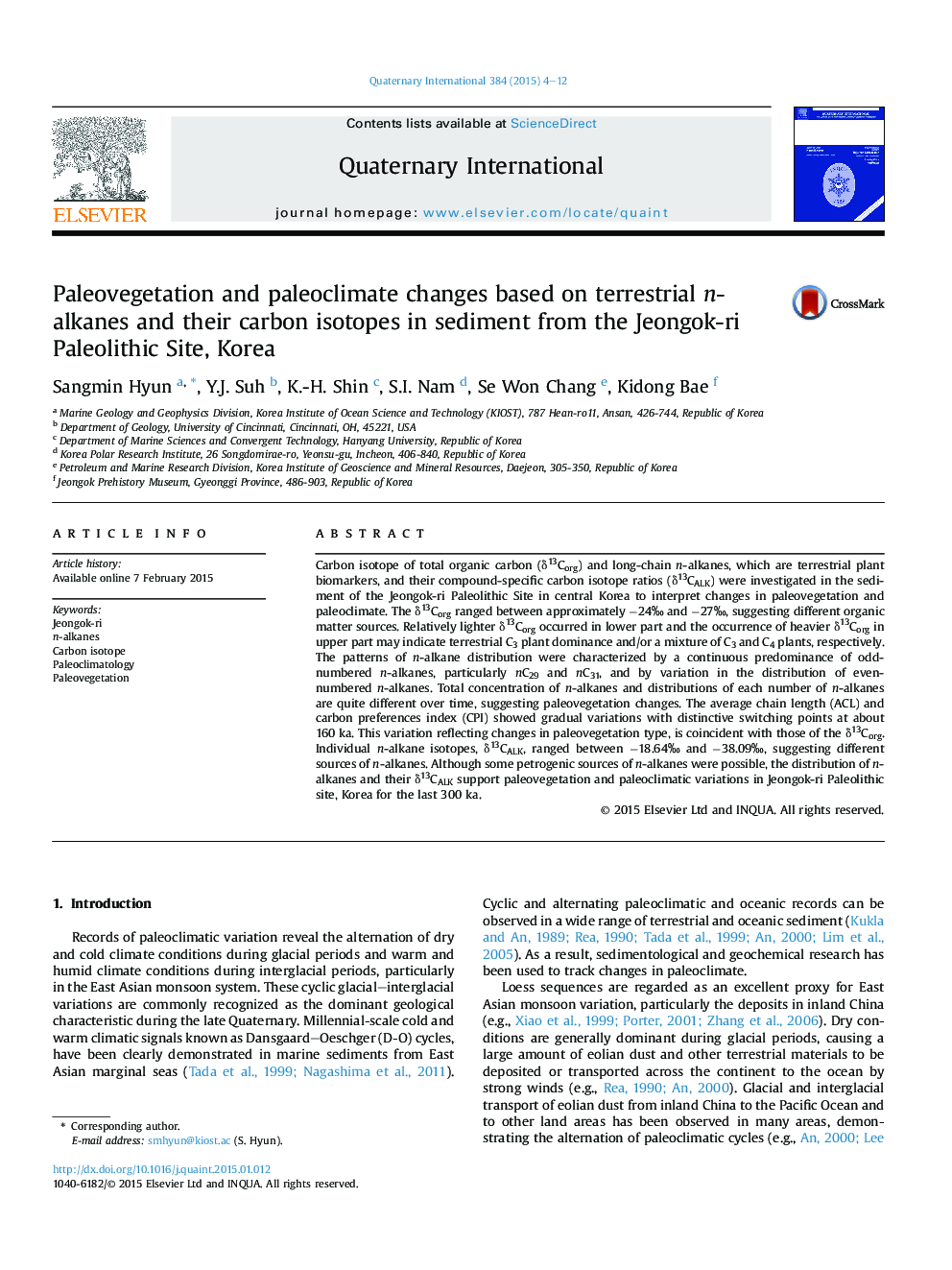 Paleovegetation and paleoclimate changes based on terrestrial n-alkanes and their carbon isotopes in sediment from the Jeongok-ri Paleolithic Site, Korea