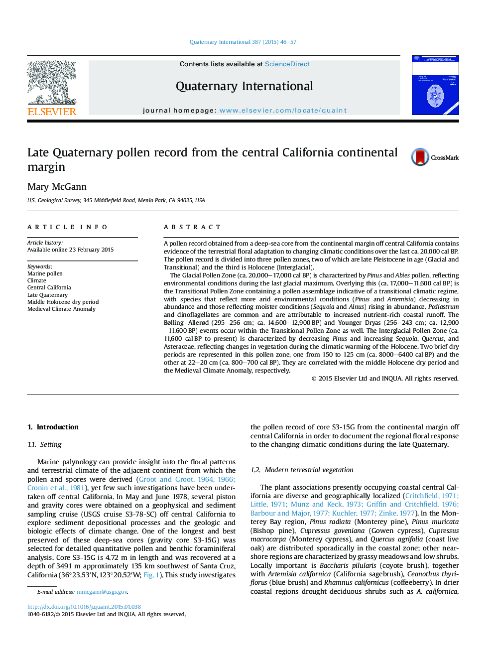 Late Quaternary pollen record from the central California continental margin