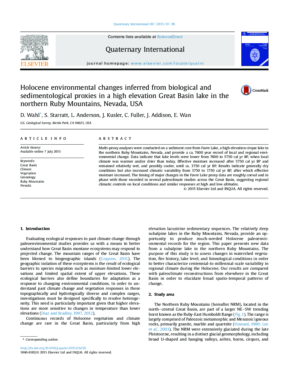 Holocene environmental changes inferred from biological and sedimentological proxies in a high elevation Great Basin lake in the northern Ruby Mountains, Nevada, USA