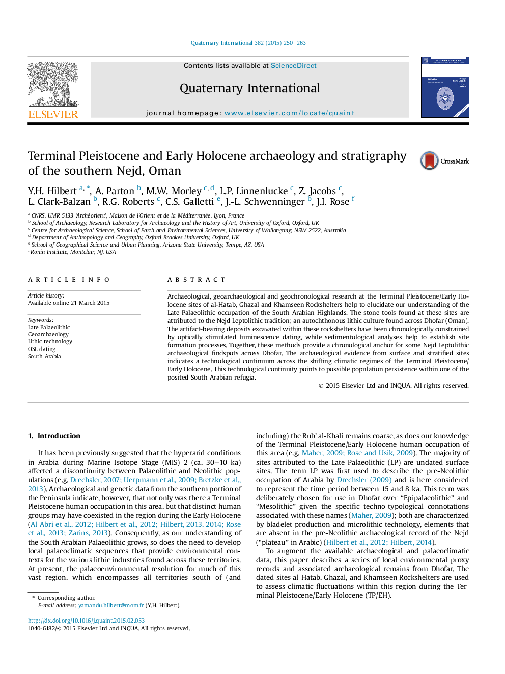 Terminal Pleistocene and Early Holocene archaeology and stratigraphy of the southern Nejd, Oman