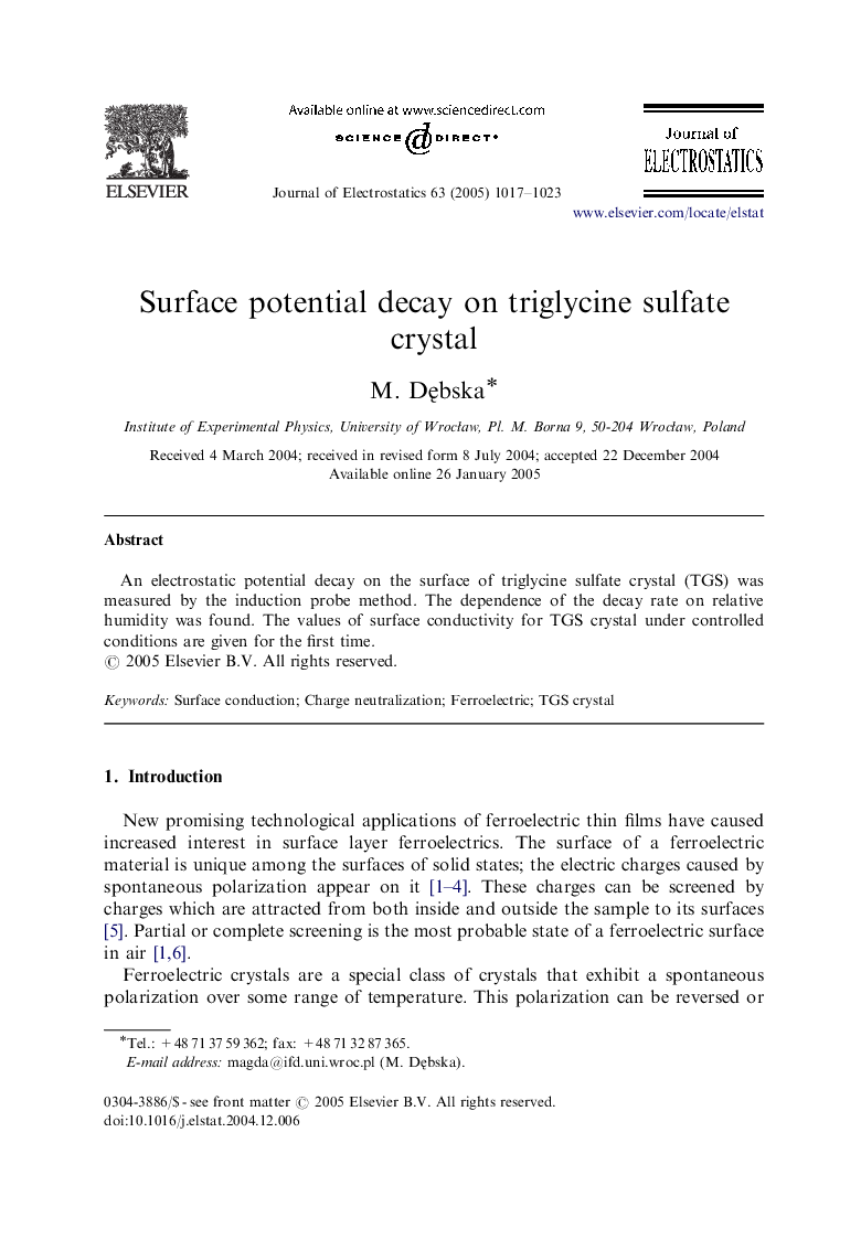 Surface potential decay on triglycine sulfate crystal