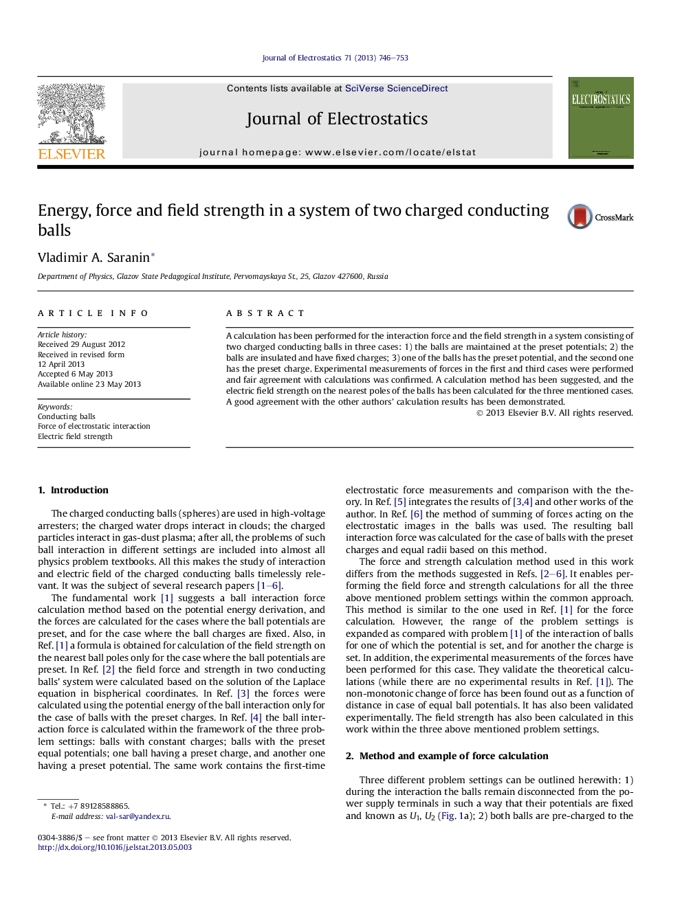 Energy, force and field strength in a system of two charged conducting balls