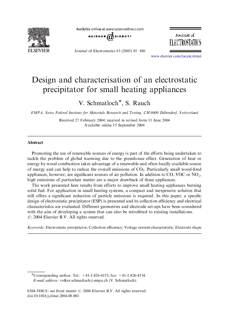 Design and characterisation of an electrostatic precipitator for small heating appliances