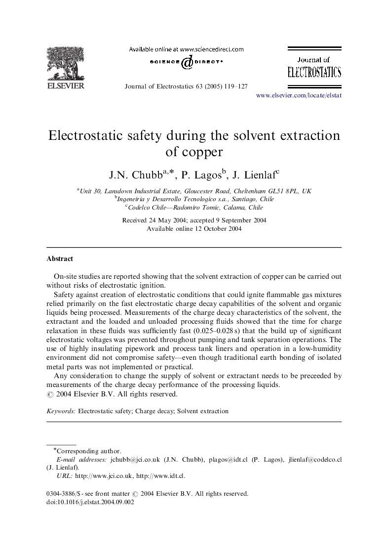 Electrostatic safety during the solvent extraction of copper