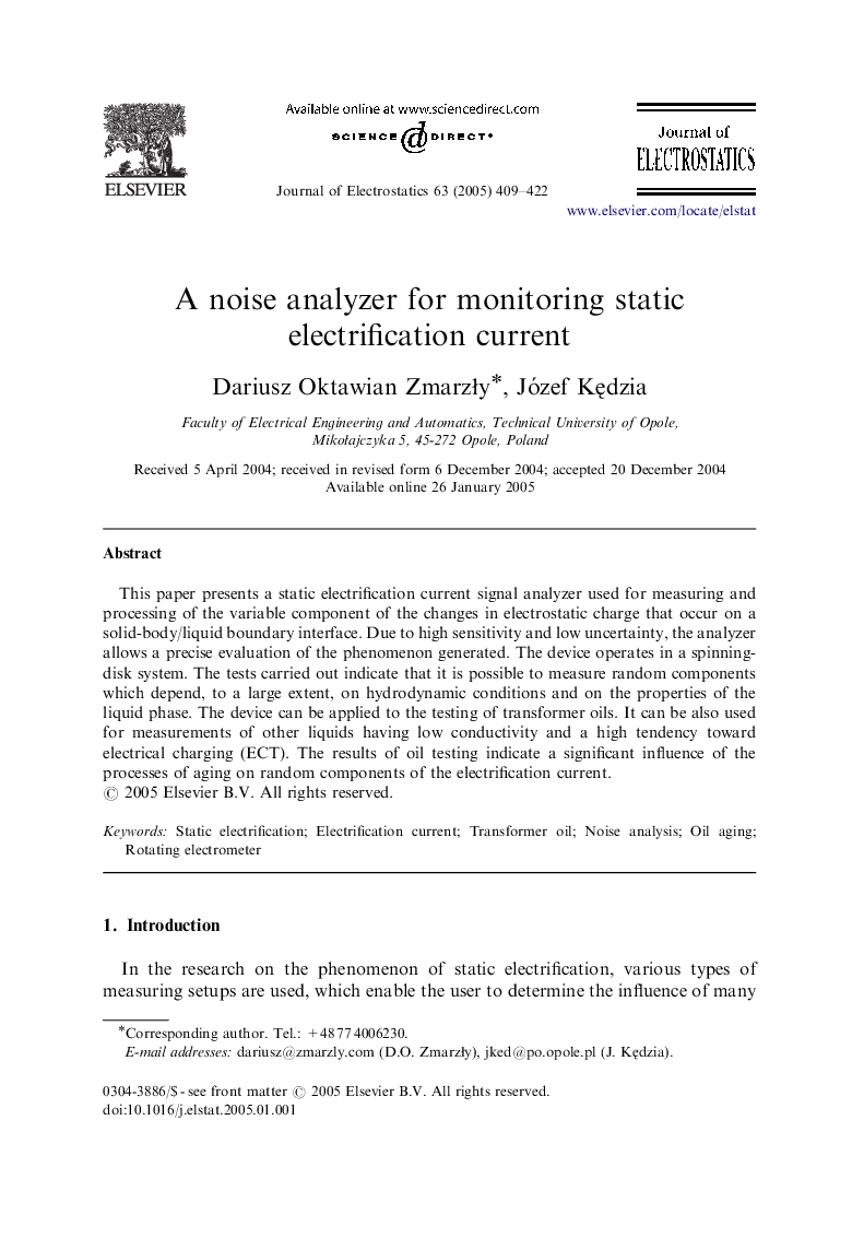 A noise analyzer for monitoring static electrification current