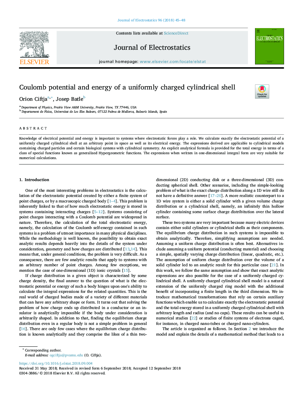 Coulomb potential and energy of a uniformly charged cylindrical shell