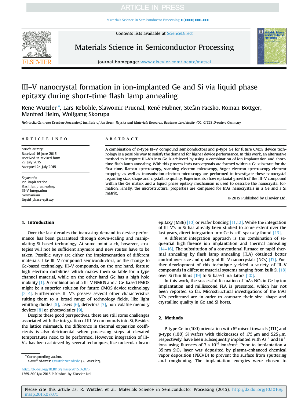 III-V nanocrystal formation in ion-implanted Ge and Si via liquid phase epitaxy during short-time flash lamp annealing