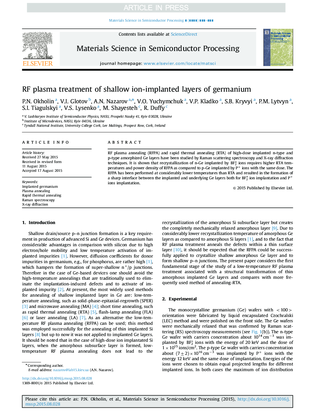 RF plasma treatment of shallow ion-implanted layers of germanium