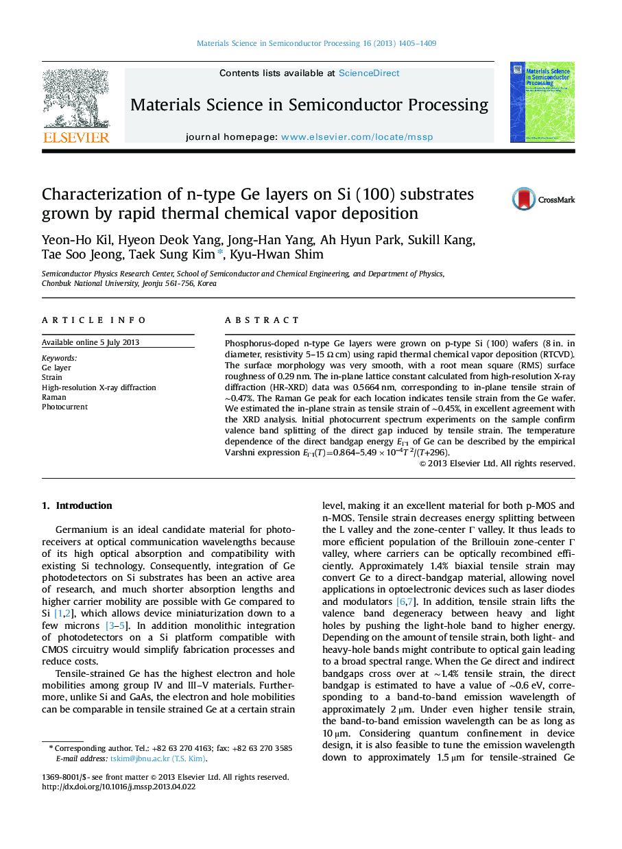 Characterization of n-type Ge layers on Si (100) substrates grown by rapid thermal chemical vapor deposition