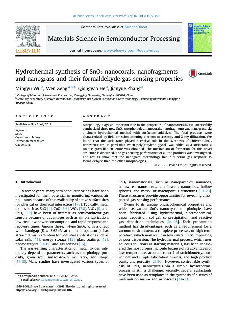 Hydrothermal synthesis of SnO2 nanocorals, nanofragments and nanograss and their formaldehyde gas-sensing properties