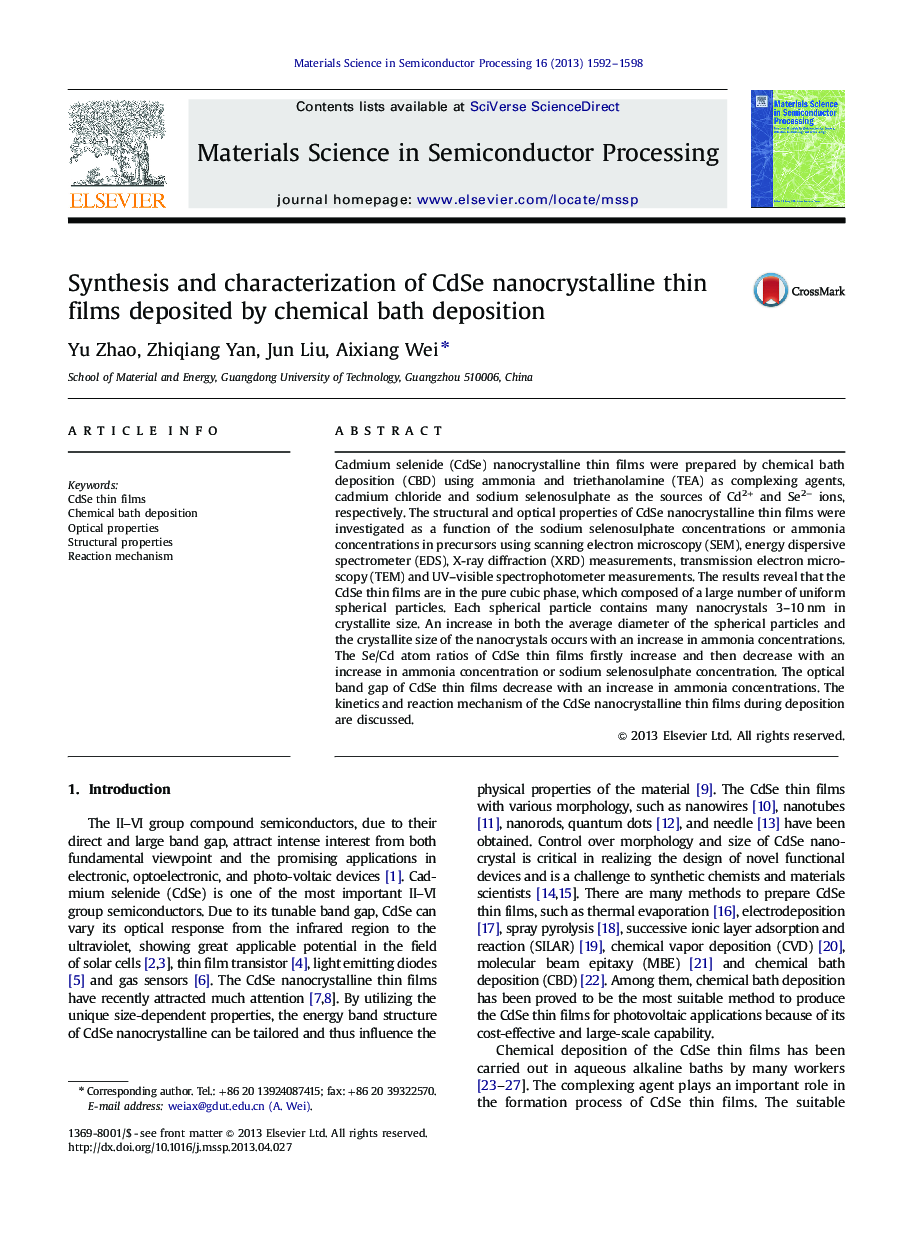 Synthesis and characterization of CdSe nanocrystalline thin films deposited by chemical bath deposition