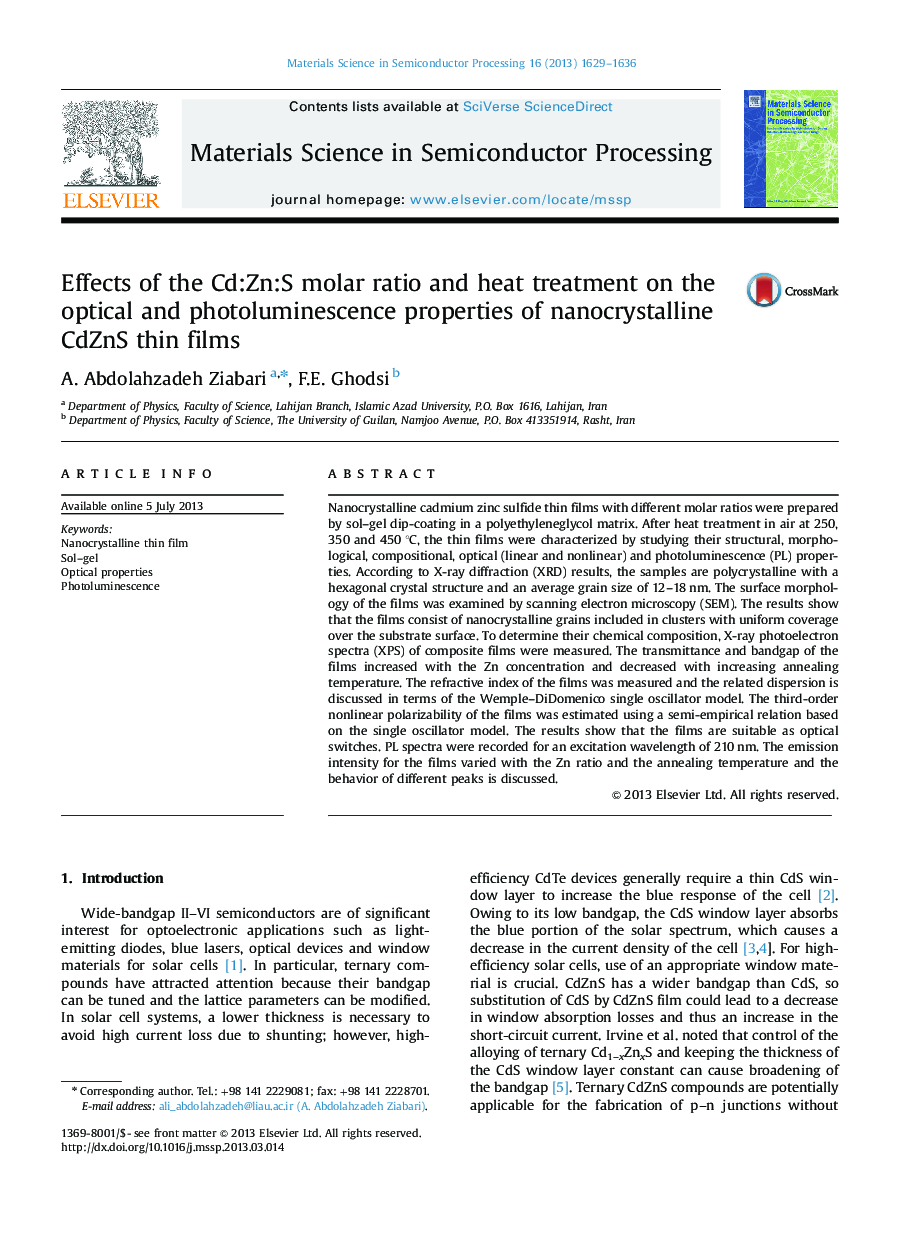 Effects of the Cd:Zn:S molar ratio and heat treatment on the optical and photoluminescence properties of nanocrystalline CdZnS thin films