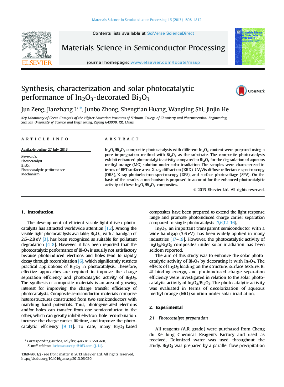 Synthesis, characterization and solar photocatalytic performance of In2O3-decorated Bi2O3