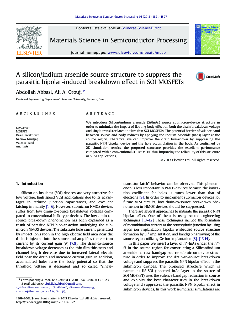 A silicon/indium arsenide source structure to suppress the parasitic bipolar-induced breakdown effect in SOI MOSFETs