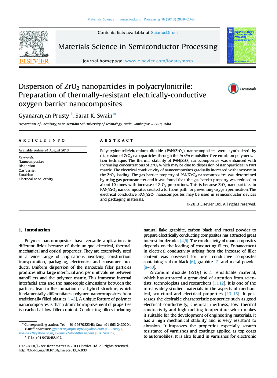 Dispersion of ZrO2 nanoparticles in polyacrylonitrile: Preparation of thermally-resistant electrically-conductive oxygen barrier nanocomposites