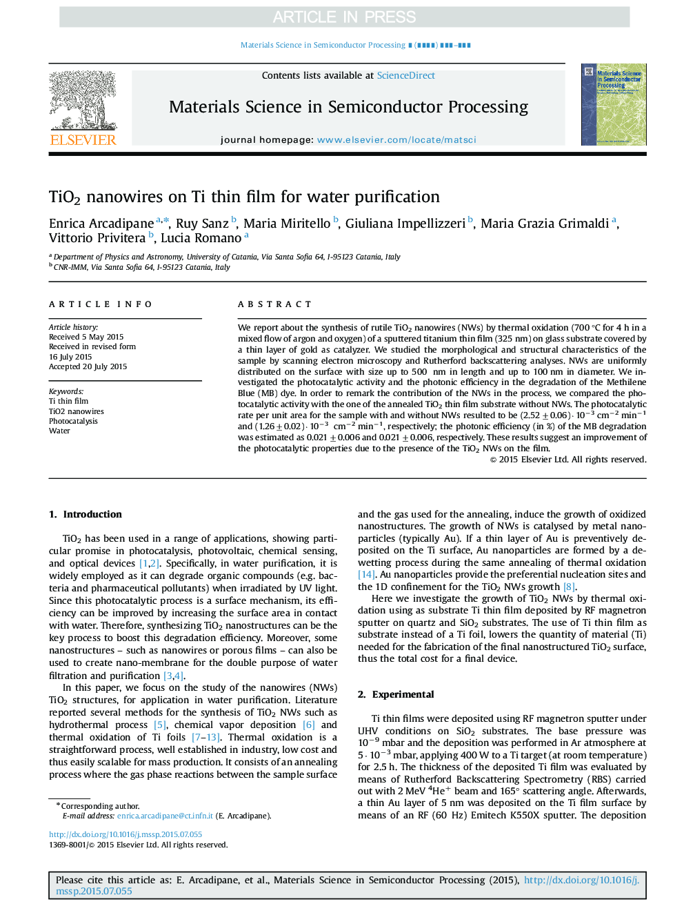 TiO2 nanowires on Ti thin film for water purification