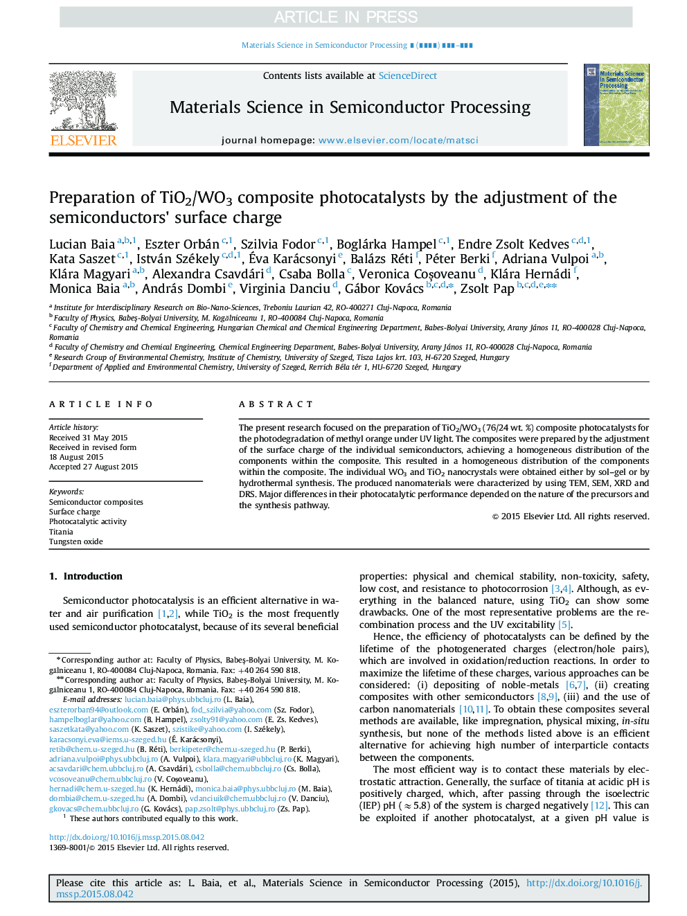 Preparation of TiO2/WO3 composite photocatalysts by the adjustment of the semiconductors' surface charge