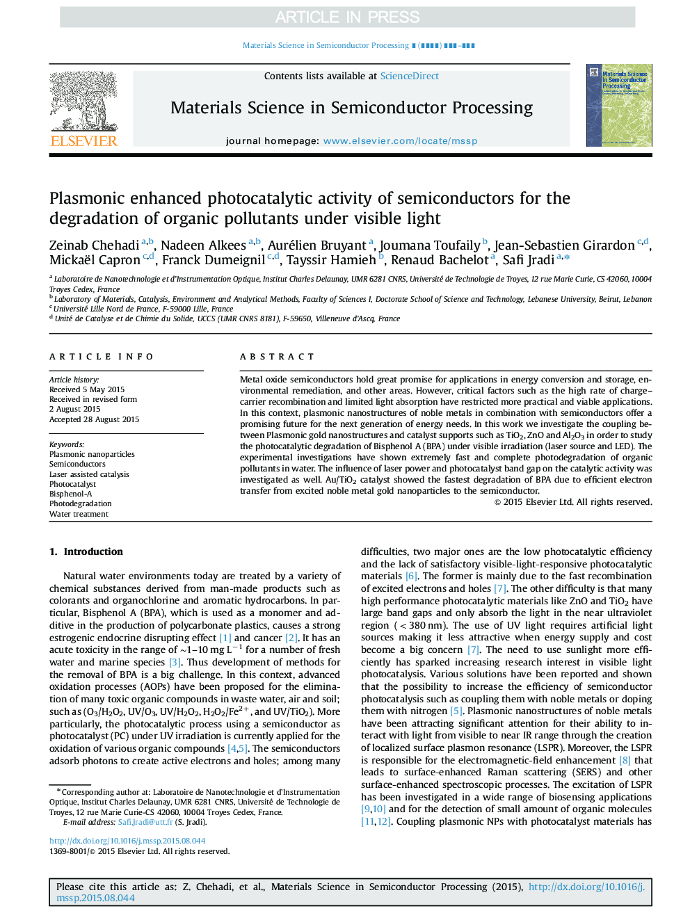 Plasmonic enhanced photocatalytic activity of semiconductors for the degradation of organic pollutants under visible light