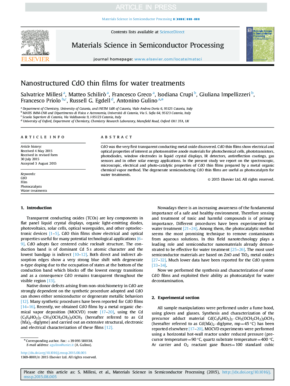 Nanostructured CdO thin films for water treatments