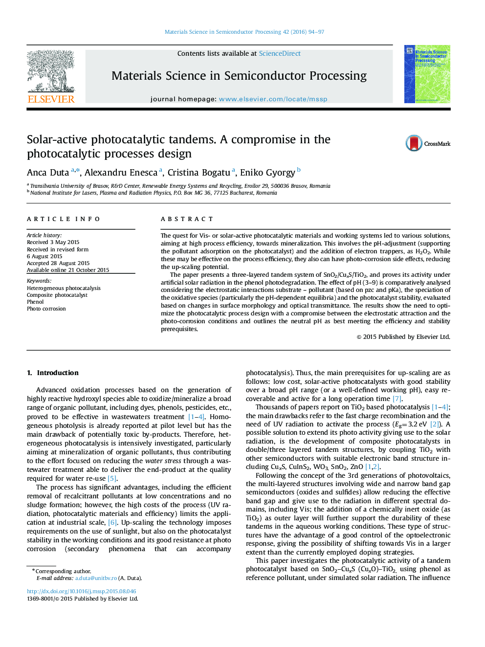 Solar-active photocatalytic tandems. A compromise in the photocatalytic processes design