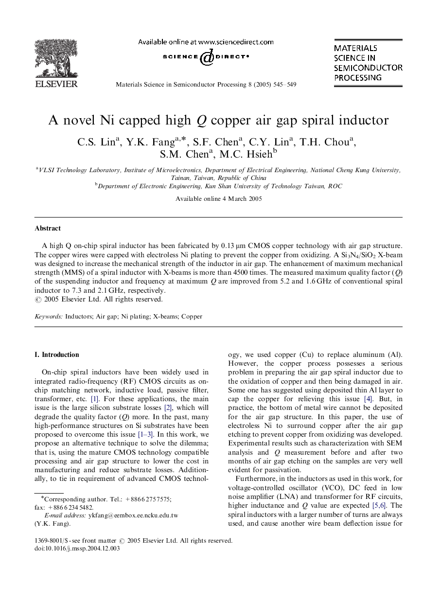 A novel Ni capped high Q copper air gap spiral inductor