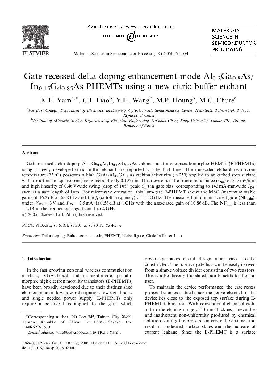 Gate-recessed delta-doping enhancement-mode Al0.2Ga0.8As/In0.15Ga0.85As PHEMTs using a new citric buffer etchant