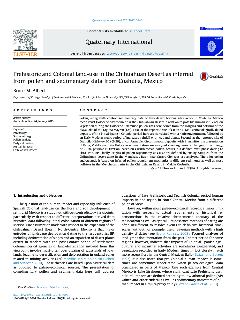 Prehistoric and Colonial land-use in the Chihuahuan Desert as inferred from pollen and sedimentary data from Coahuila, Mexico